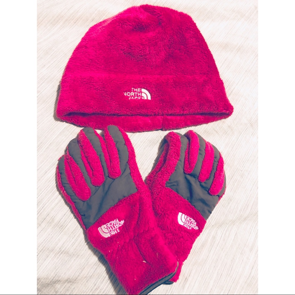 Hot pink North Face beanie and gloves